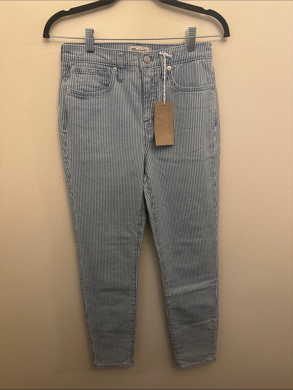 Madewell NWT Light Blue & White Pinstripe 10” High-Rise Skinny Crop Jeans Sz W26